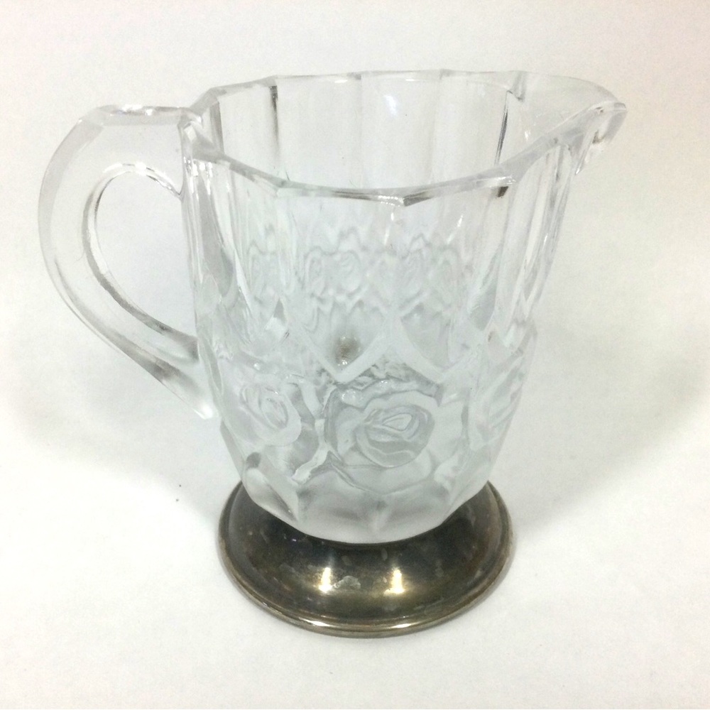 William Adams Creamer Frosted Rose 24% Lead Crystal Silver Plate Foot Base Heavy